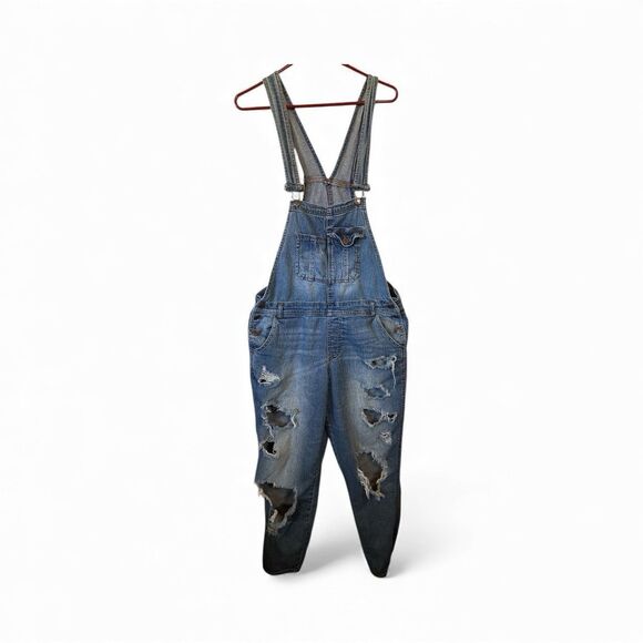 Almost Famous Women Junior Sz 9 Blue Distressed Denim Bib Overalls Grunge Boho - Picture 2 of 12